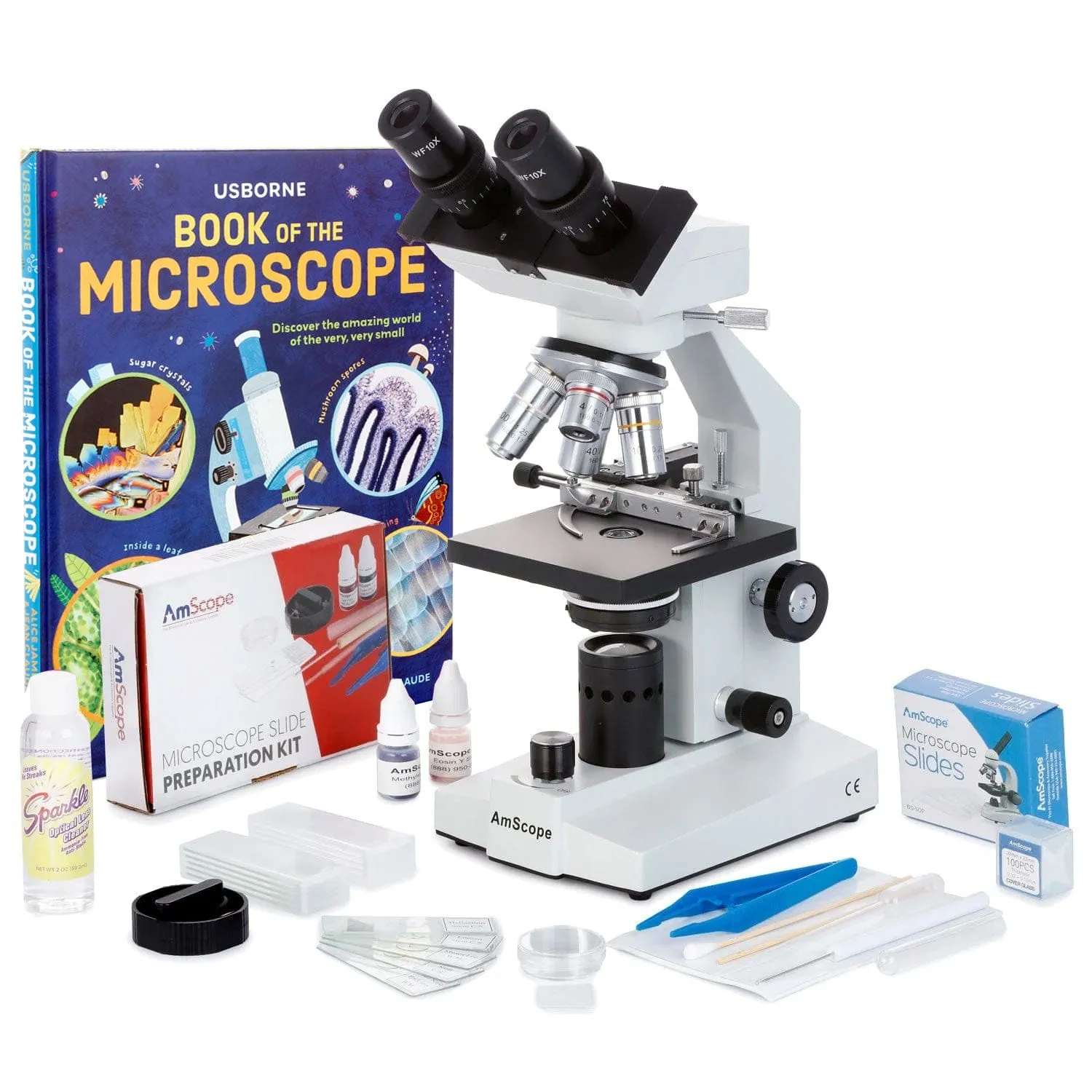 AmScope B100 Series Biological Binocular Compound Microscope 40X-1000X Magnification with LED, Mech. Stage, Slide Making Kit   Optional Digital Camera and Book