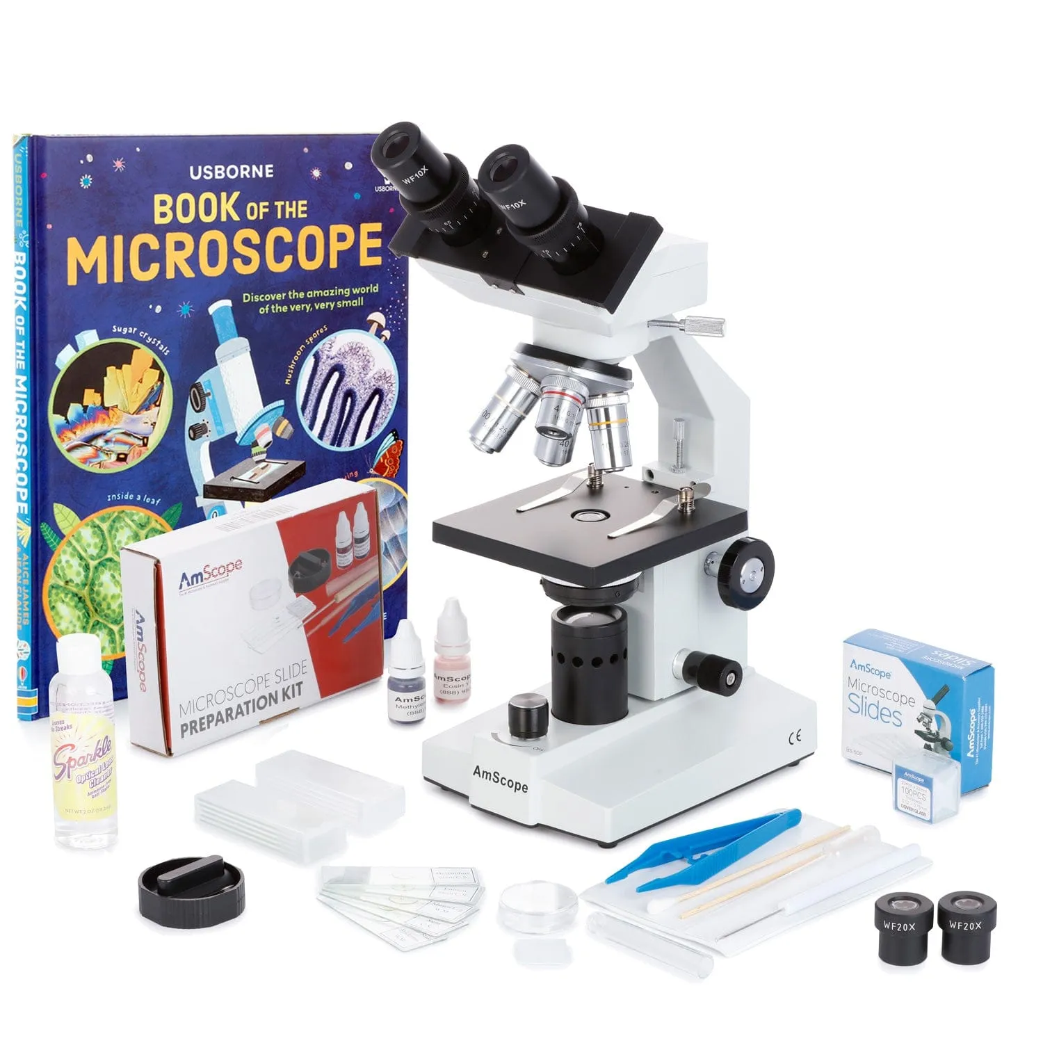 AmScope B100 Series Biological Binocular Compound Microscope 40X-1000X Magnification with LED, Slide Making Kit   Optional Digital Camera and Book