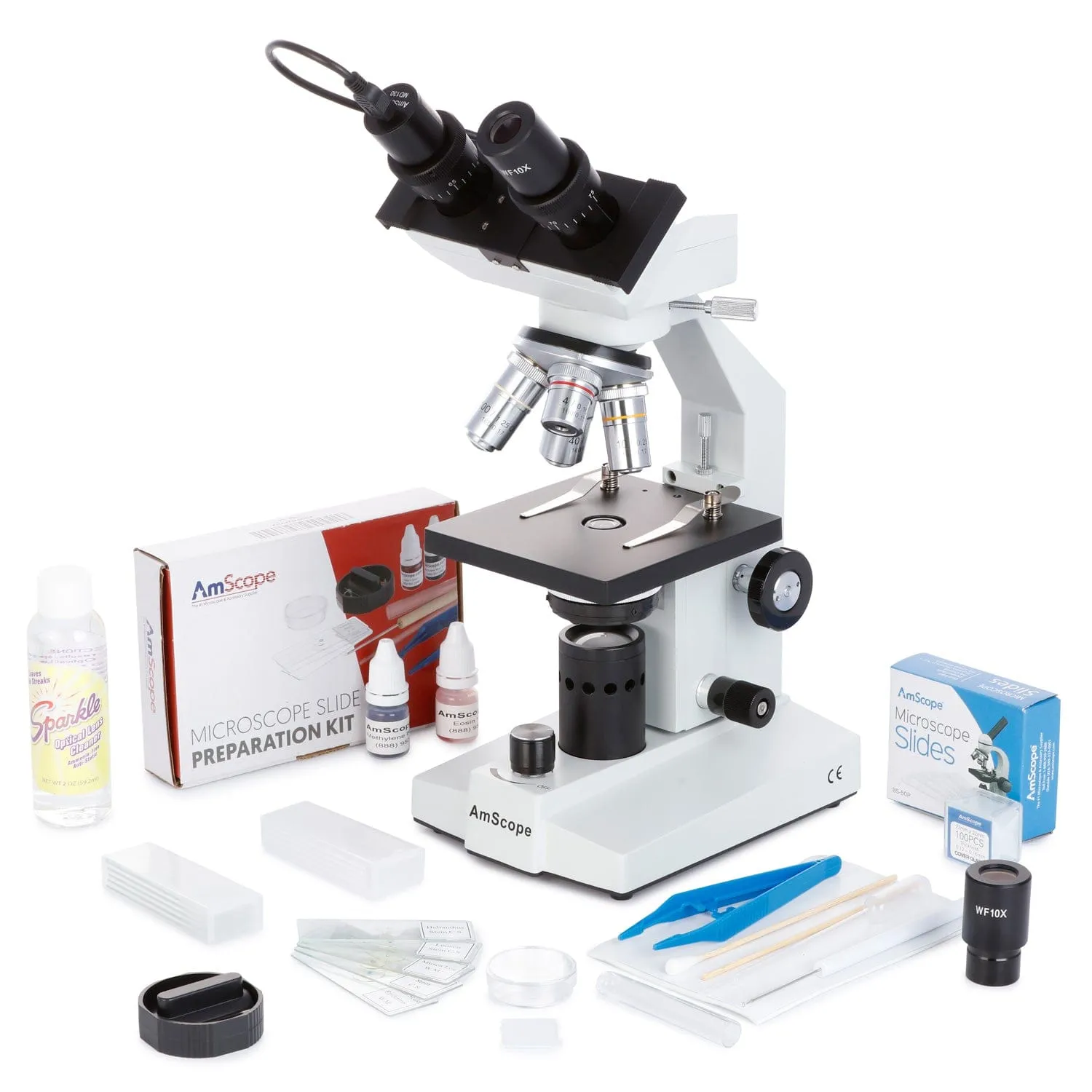 AmScope B100 Series Biological Binocular Compound Microscope 40X-1000X Magnification with LED, Slide Making Kit   Optional Digital Camera and Book