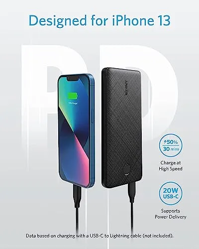 Anker Portable Charger, USB-C PortableCharger 10000mAh with 20W Power Delivery, 523 Power Bank (PowerCore Slim 10K PD) for iPhone 14/13/12 Series, S10, Pixel 4 and More (Black)