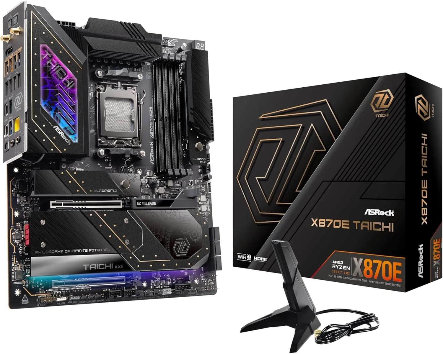 Asrock X870E Taichi Gaming Motherboard, AMD X870E, AM5, E-ATX, DDR5, HDMI, USB4, Wi-Fi 7, 5G LAN, RGB, M.2