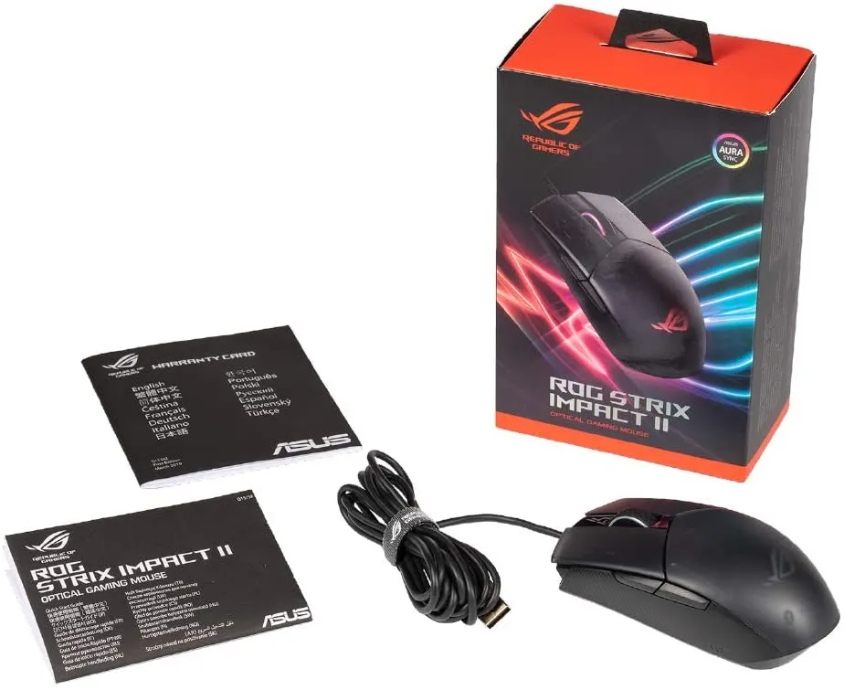 ASUS Mouse Strix Impact II Optical Gaming Mouse | 6200 DPI Sensor, 220 IPS | Ambidextrous & Ergonomic Wired Mouse | Aura Sync RGB | Configurated/Replaceable Mice Switches