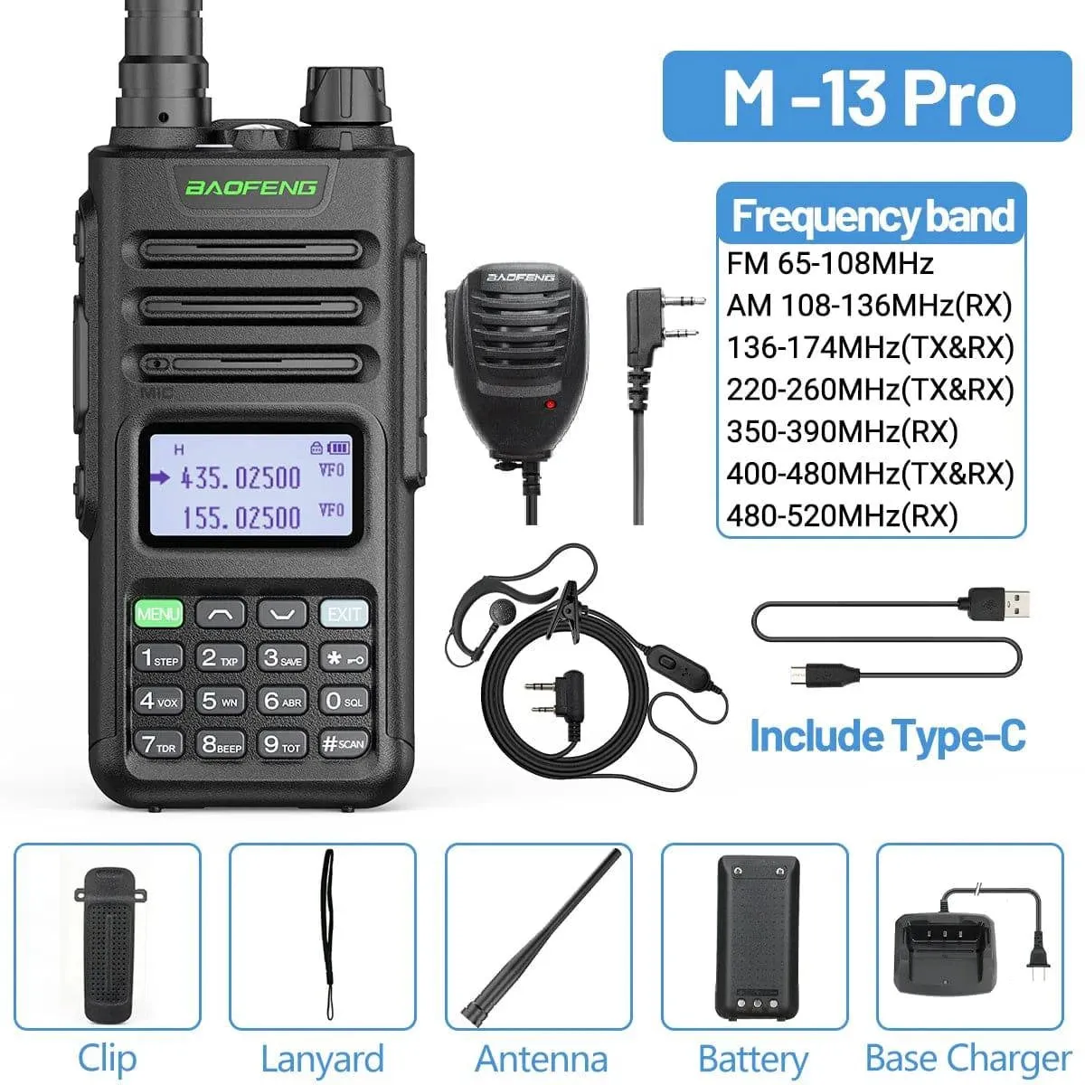 BaoFeng M-13 Pro Air Band Walkie Talkie 10w Wireless Copy Frequency 999CH Type-C Long Range UV 5R 13 Pro K5 Ham Two Way Radio