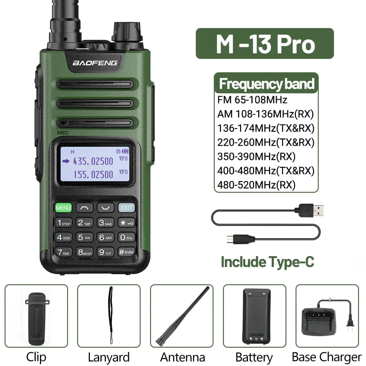 BaoFeng M-13 Pro Air Band Walkie Talkie 10w Wireless Copy Frequency 999CH Type-C Long Range UV 5R 13 Pro K5 Ham Two Way Radio