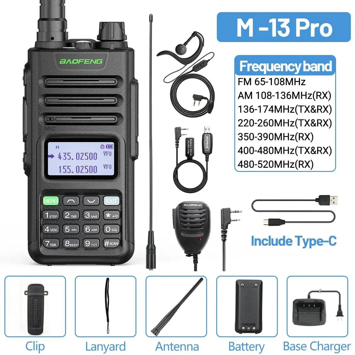 BaoFeng M-13 Pro Air Band Walkie Talkie 10w Wireless Copy Frequency 999CH Type-C Long Range UV 5R 13 Pro K5 Ham Two Way Radio