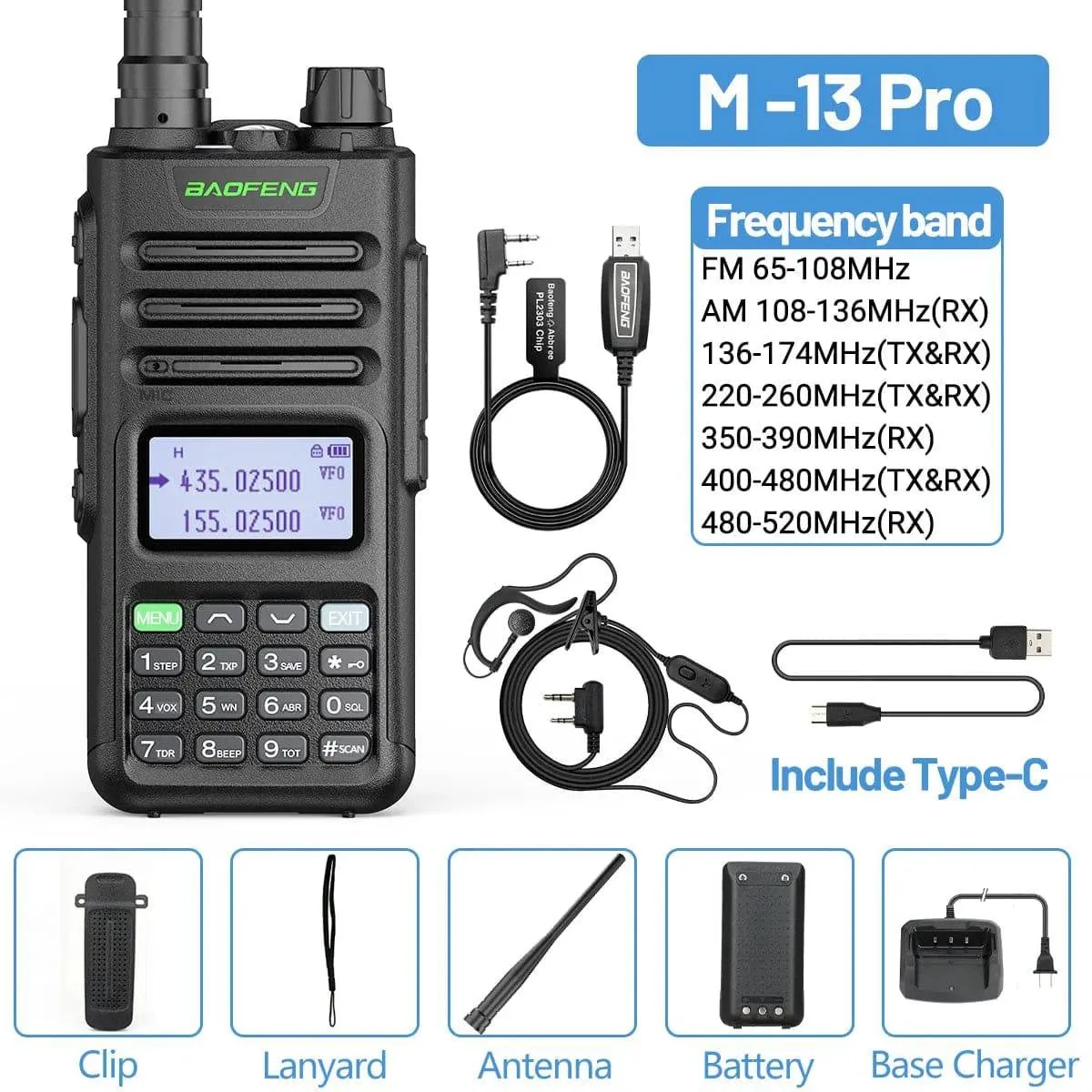 BaoFeng M-13 Pro Air Band Walkie Talkie 10w Wireless Copy Frequency 999CH Type-C Long Range UV 5R 13 Pro K5 Ham Two Way Radio