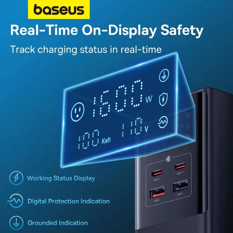 Baseus 35W Fast Charger Digital Power Strip 7-in-1 Charging Station 4000W Rated Power Digital Display For iPhone16 15 14 Pro Max