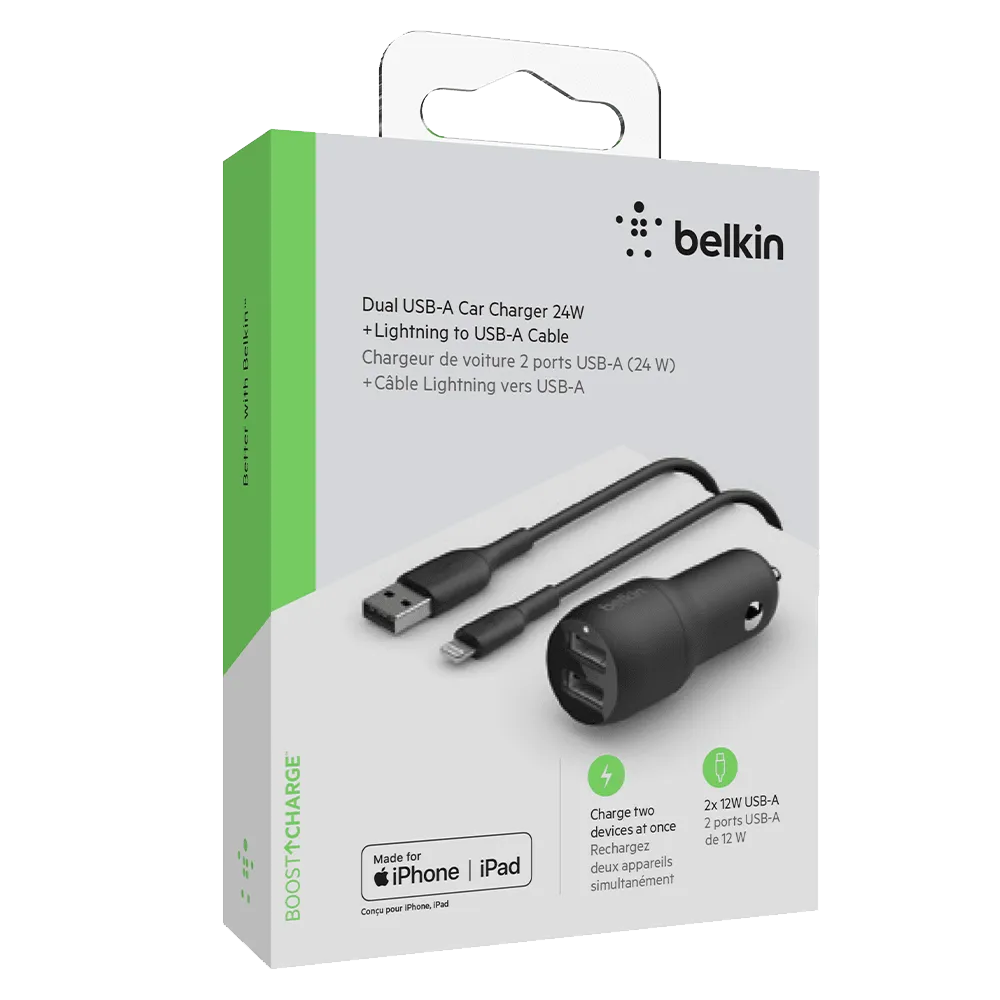 Belkin Boost Up Charge Dual Port USB A Car Charger 24W with Apple Lightning Cable 3ft by Belkin