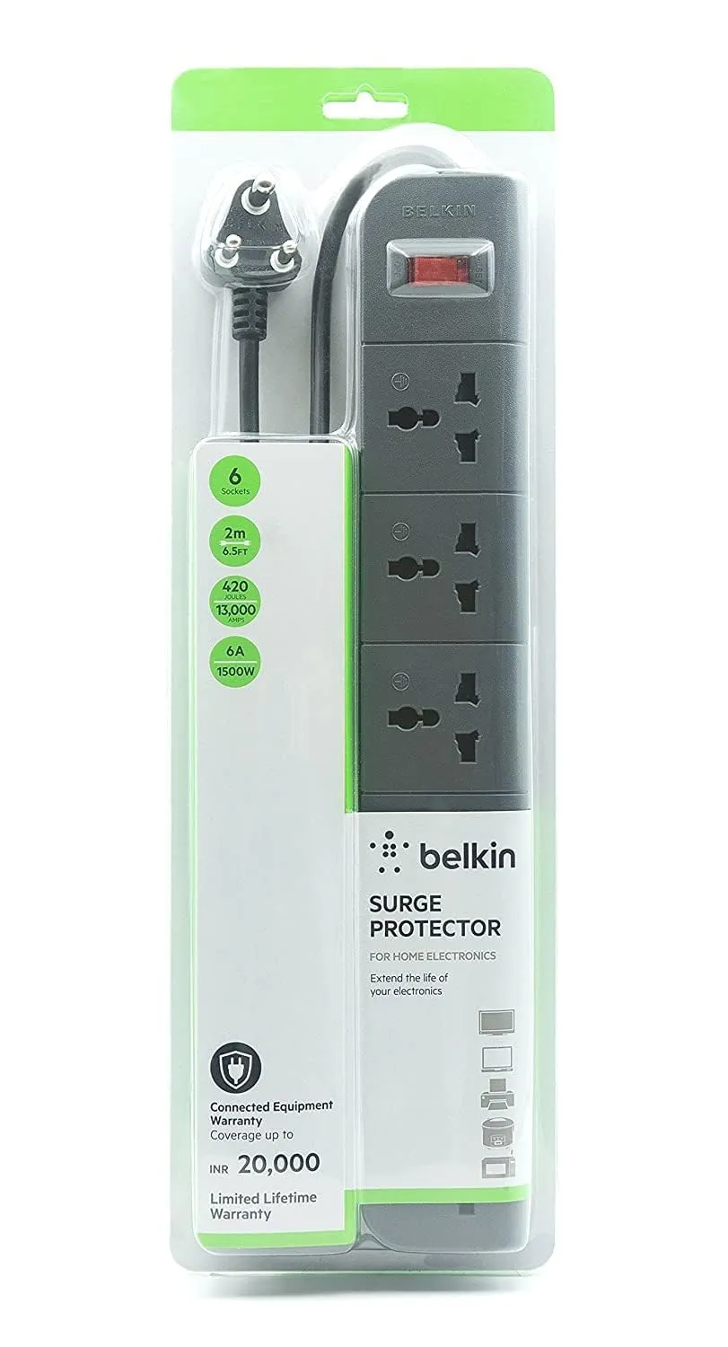 Belkin Power Strip 6-outlet Surge Protector,2 meter cord for Home, Office, Travel, Computer Desktop & Charging Brick