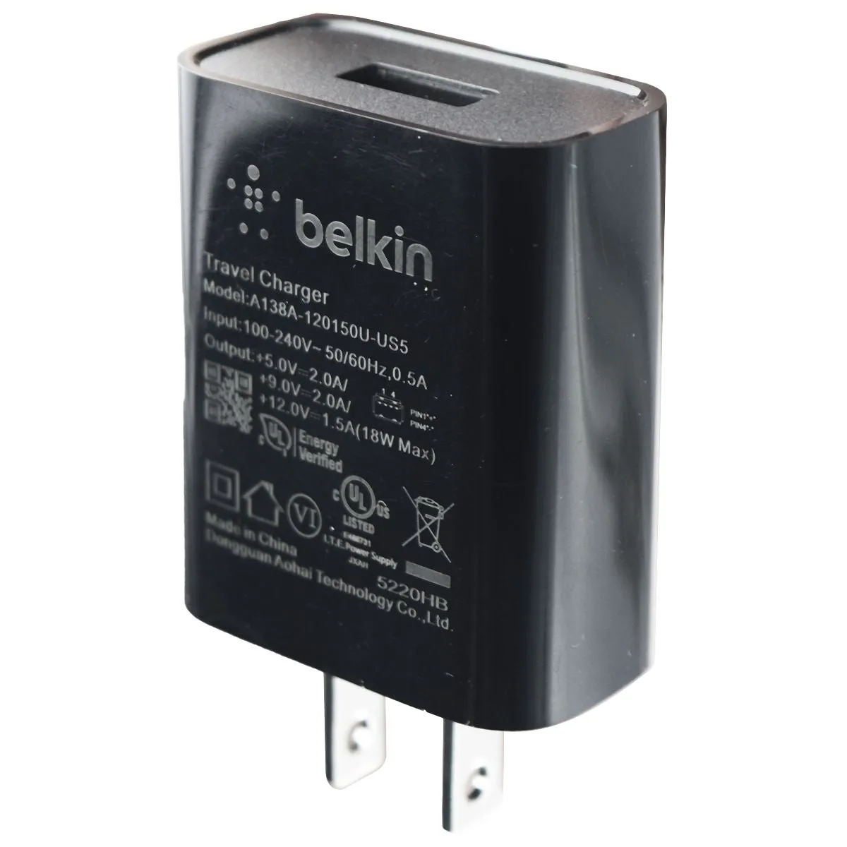 Belkin Single USB 18W (12V/1.5A) Adaptive Wall Charger - Black A138A-120150U-US5