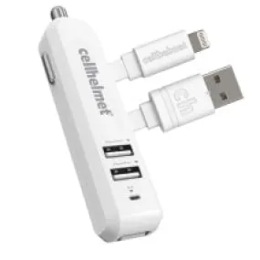 Cellhelmet 4.8A Triple Port Car Charger & 3ft Flat Lightning Cable (White)