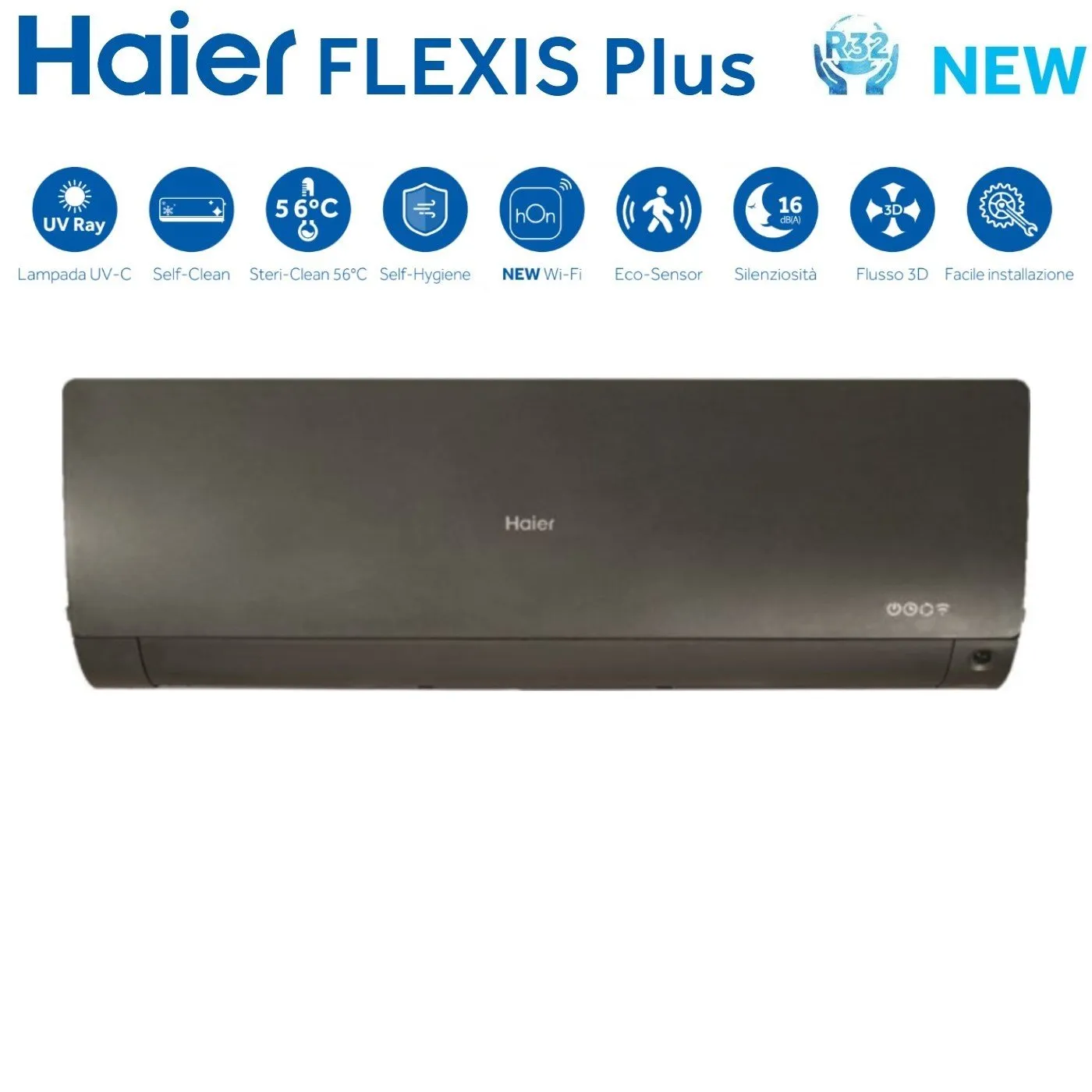 Climatizzatore Condizionatore Haier Quadri Split Inverter serie FLEXIS PLUS BLACK 7 7 7 12 con 4U85S2SR3FA R-32 Wi-Fi Integrato Colore Nero 7000 7000 7000 12000