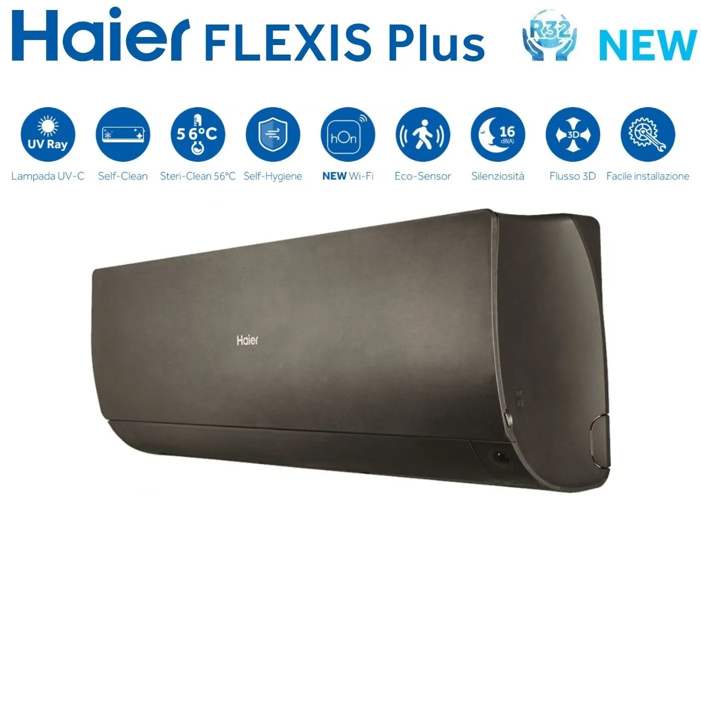 Climatizzatore Condizionatore Haier Quadri Split Inverter serie FLEXIS PLUS BLACK 7 7 7 12 con 4U85S2SR3FA R-32 Wi-Fi Integrato Colore Nero 7000 7000 7000 12000