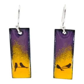 Earrings - Slim Rectangle Bird Pair on Orange and Purple Background by Magpie Mouse Studios