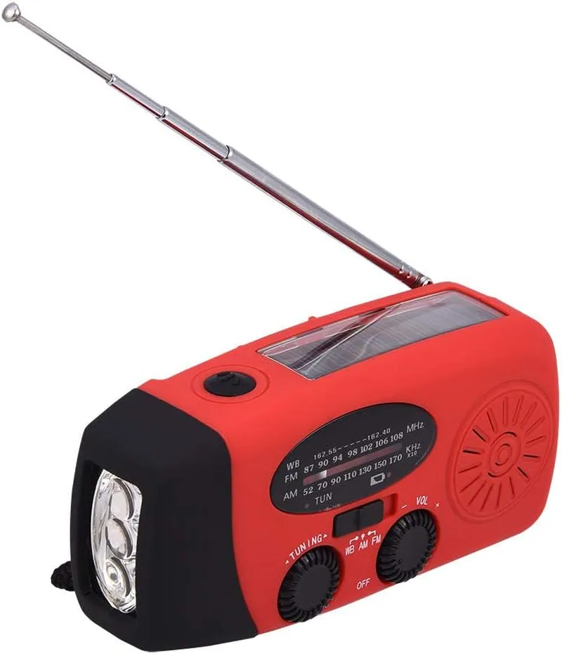 Emergency AM/FM/NOAA Weather Radio, Portable Solar Hand Crank Radio with Power Bank, 3 LED Flashlight for Household Emergency and Outdoor Survival (Red)