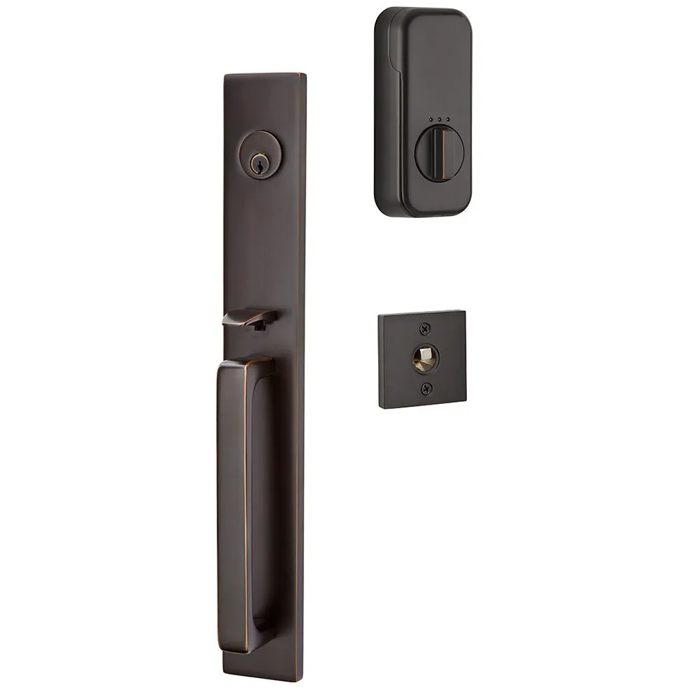 Emtek Single Cylinder Lausanne Handleset EMPowered Motorized Smart Lock Upgrade With Select L-Square Hammered Lever