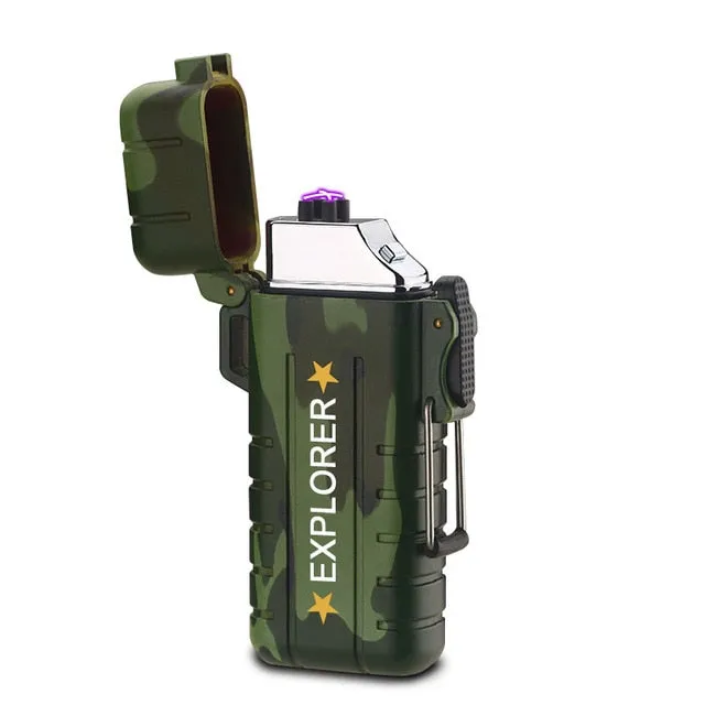 Explorer Outdoor Camouflage Waterproof Windproof Double Arc Pulse Plasma Cigarette Lighter USB Charging  Electric Metal Lighter