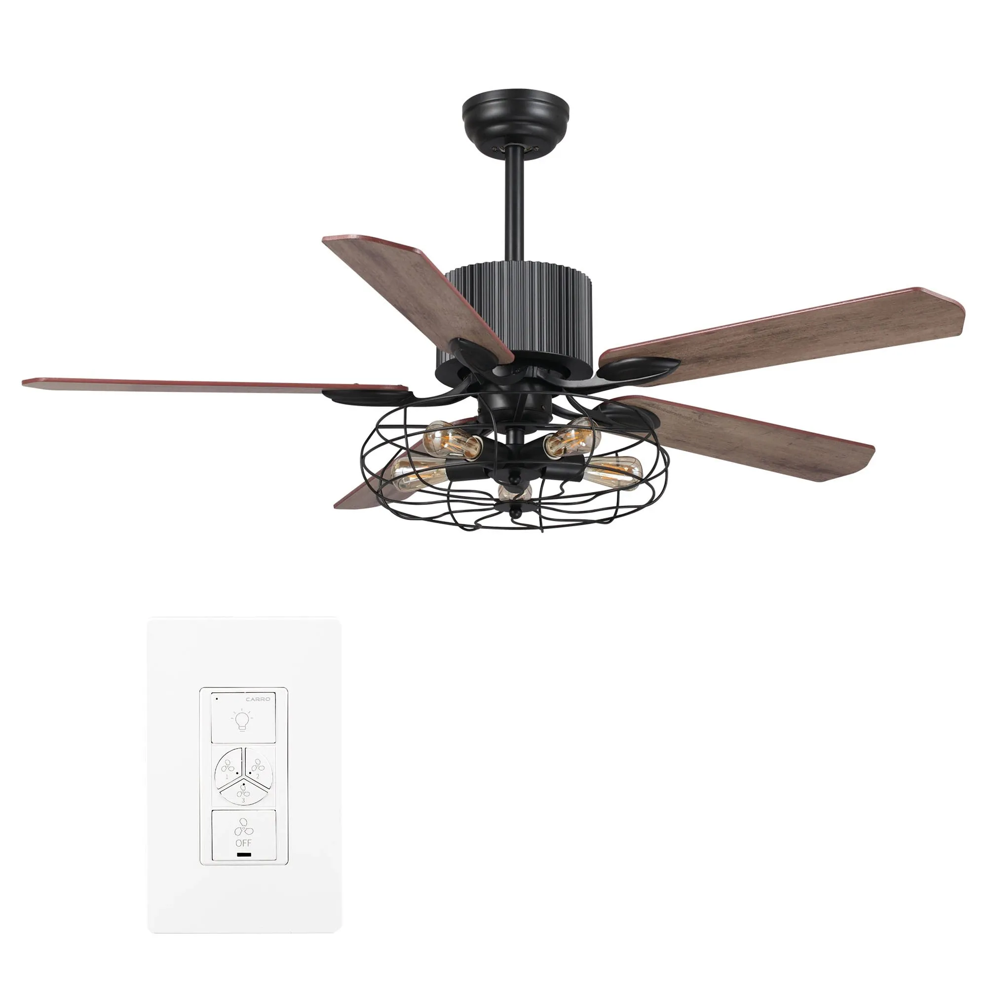 HELSTON 52 inch 5-Blade Smart Ceiling Fan with Light & Smart Wall Switch - Black/Dark Wood & Light Wood (Reversible Blades)