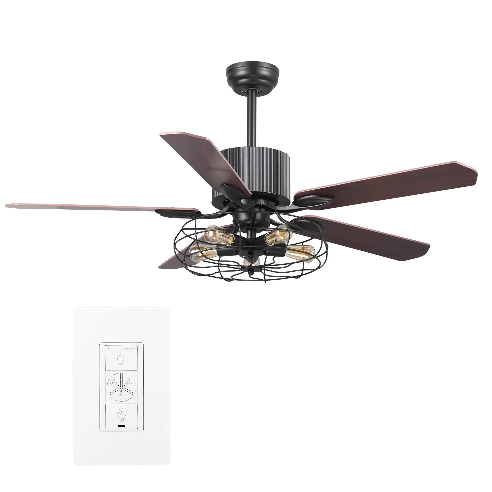 HELSTON 52 inch 5-Blade Smart Ceiling Fan with Light & Smart Wall Switch -Walnut/Rosewood (Reversible Blades)