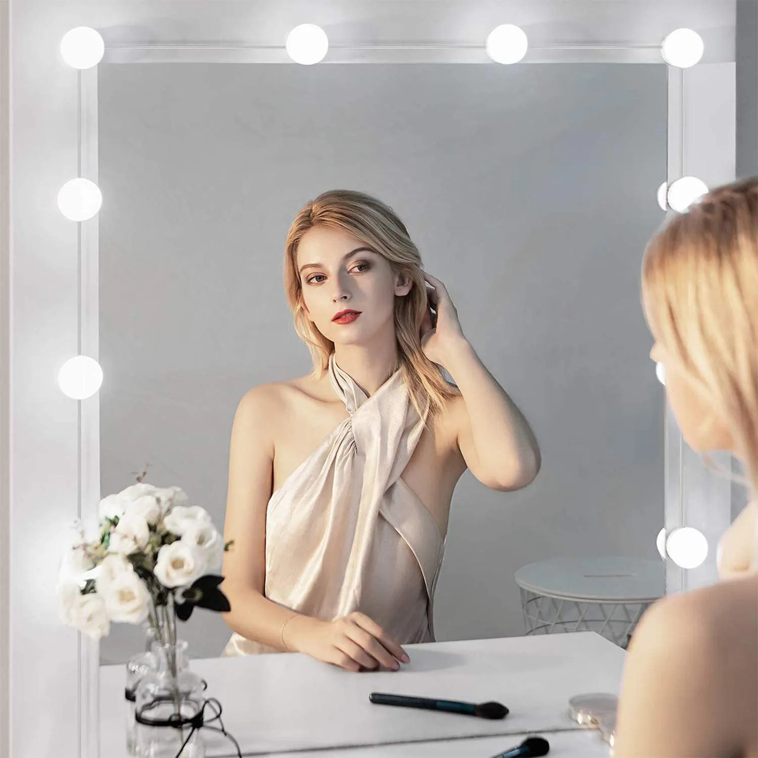 Hollywood Style Makeup Lights Dressing Table Vanity Mirror Lights with 10 Dimmable RGB Light Bulbs with Remote Control Spacing Adjustable USB Charging