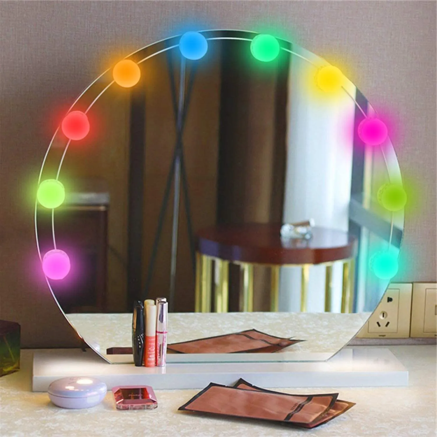 Hollywood Style Makeup Lights Dressing Table Vanity Mirror Lights with 10 Dimmable RGB Light Bulbs with Remote Control Spacing Adjustable USB Charging