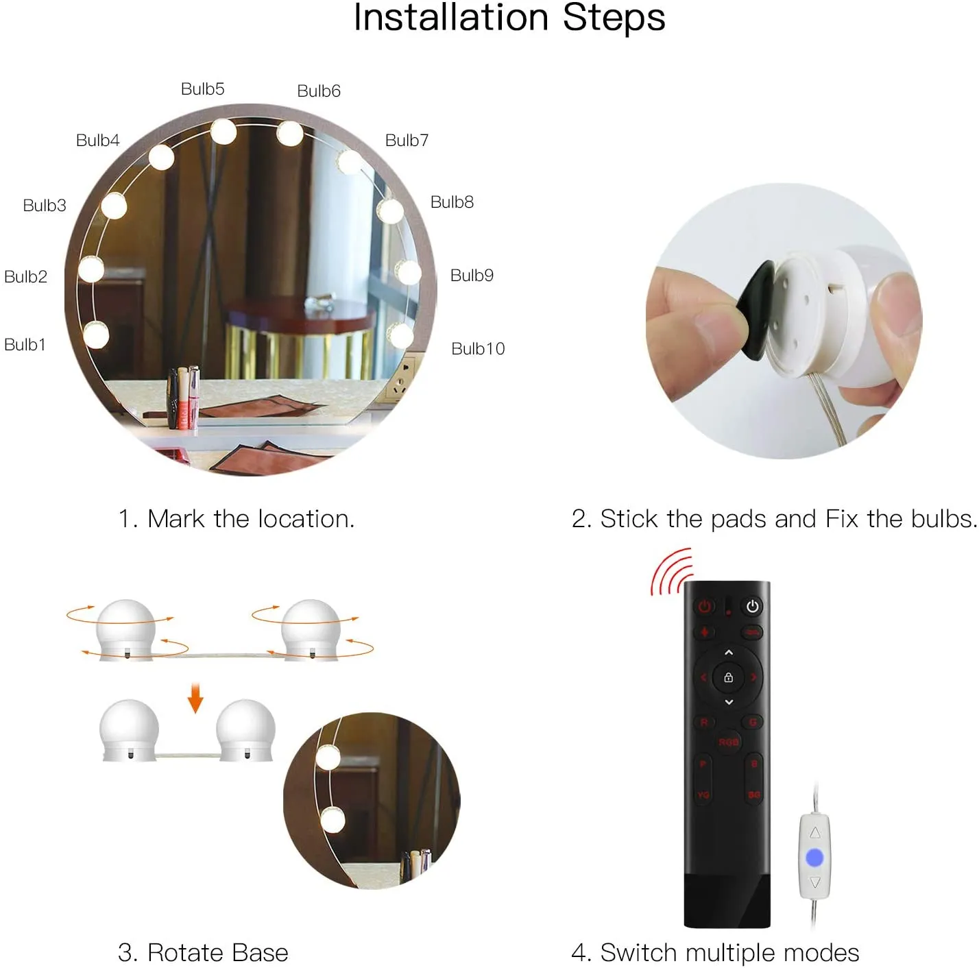 Hollywood Style Makeup Lights Dressing Table Vanity Mirror Lights with 10 Dimmable RGB Light Bulbs with Remote Control Spacing Adjustable USB Charging