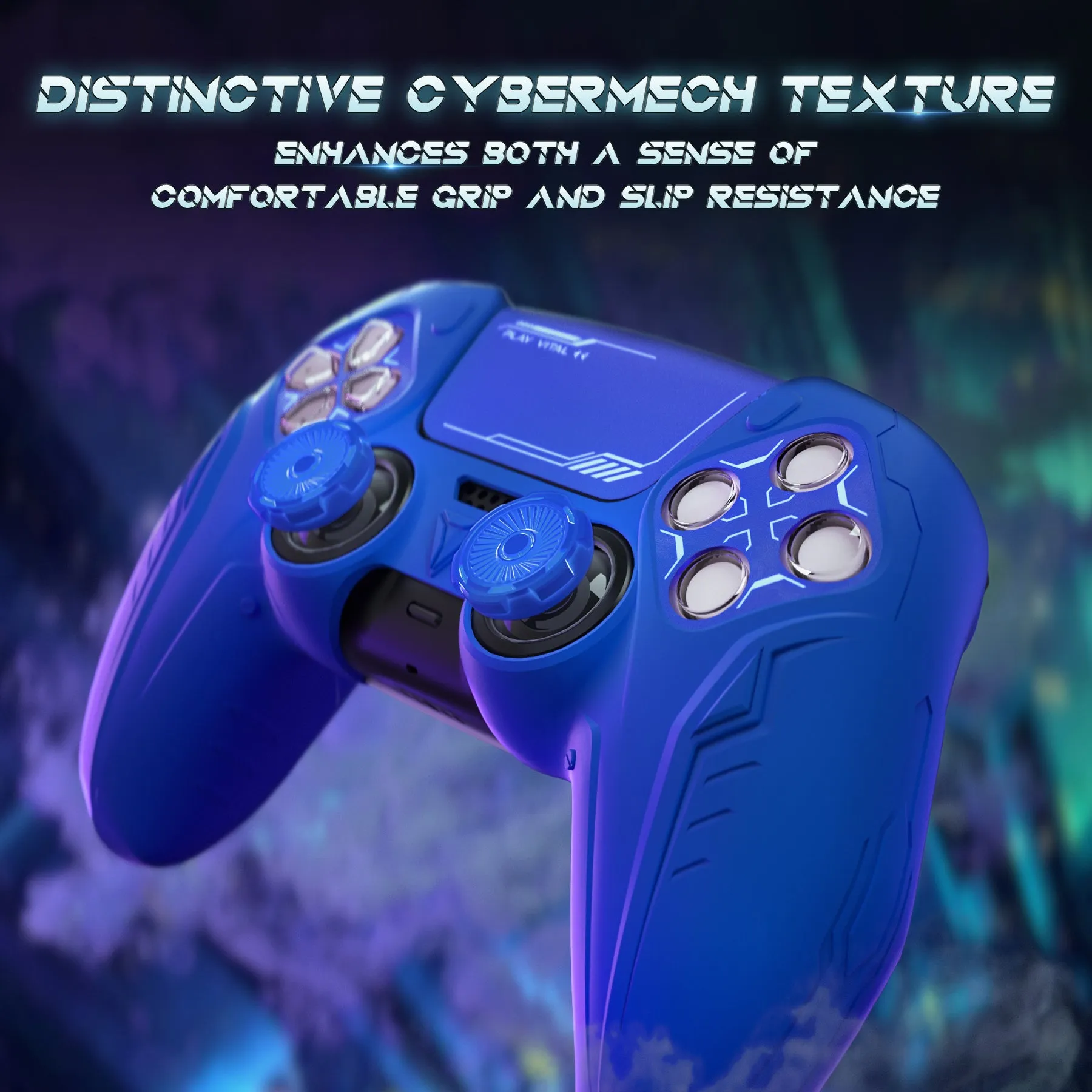 PlayVital 2 Set Futuristic CyberMech Design Silicone Case with Thumb Grips for PS5 Wireless Controller, Compatible with PS5 Official Charging Dock - Blue - CHXPFP008