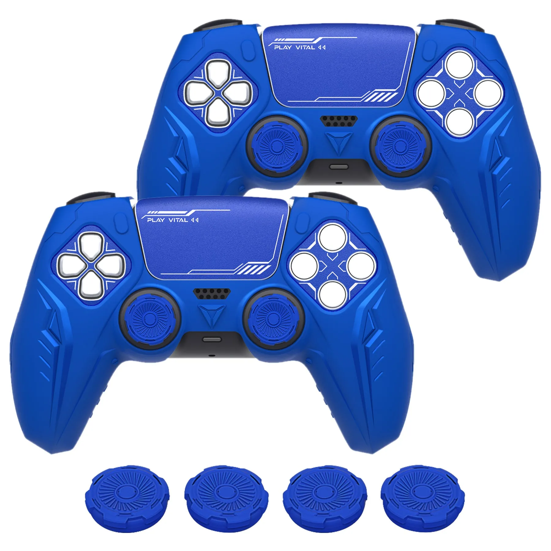 PlayVital 2 Set Futuristic CyberMech Design Silicone Case with Thumb Grips for PS5 Wireless Controller, Compatible with PS5 Official Charging Dock - Blue - CHXPFP008