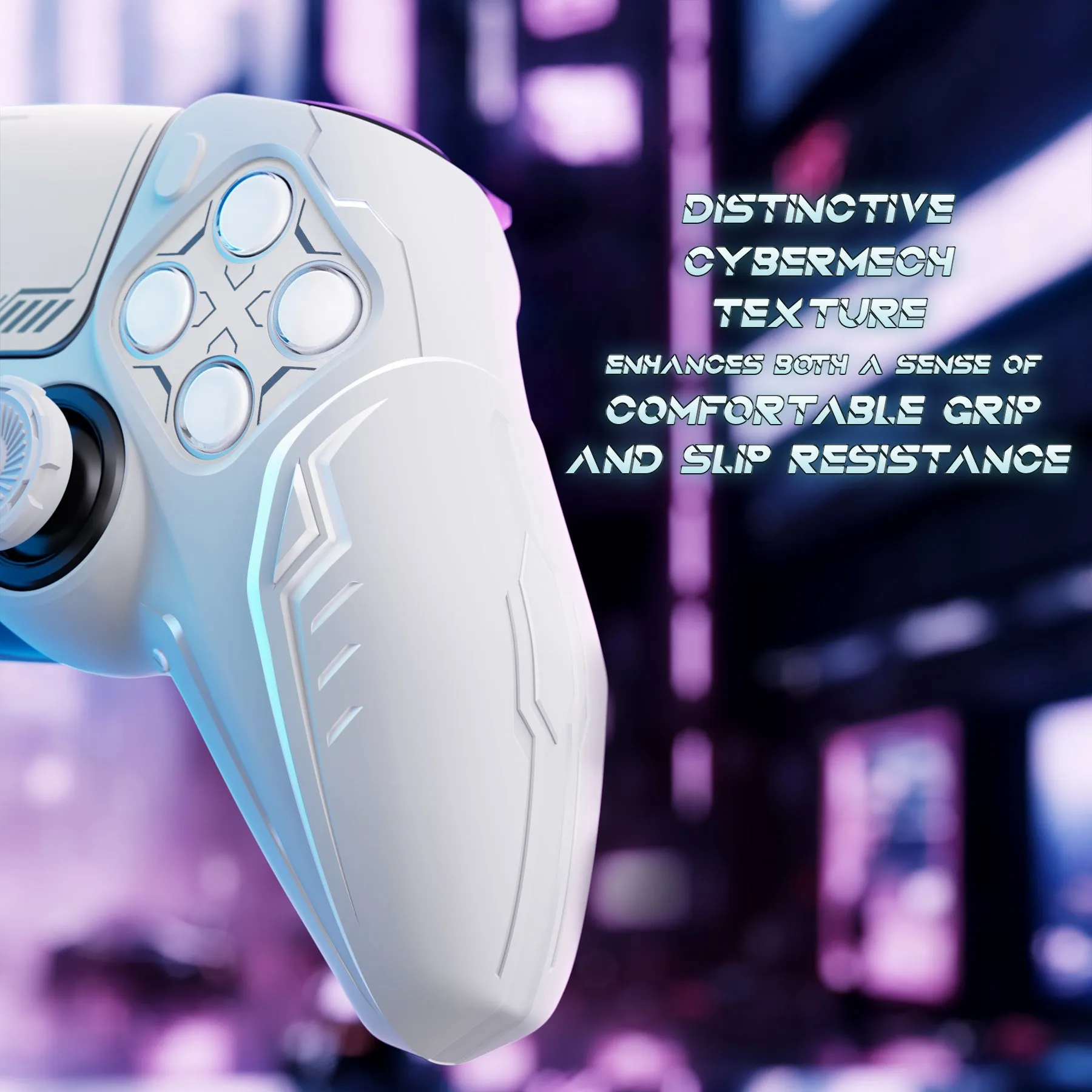 PlayVital Futuristic CyberMech Design Silicone Grip Skin with Thumb Grips for PS5 Wireless Controller, Compatible with PS5 Official Charging Dock - White - CHXPFP002