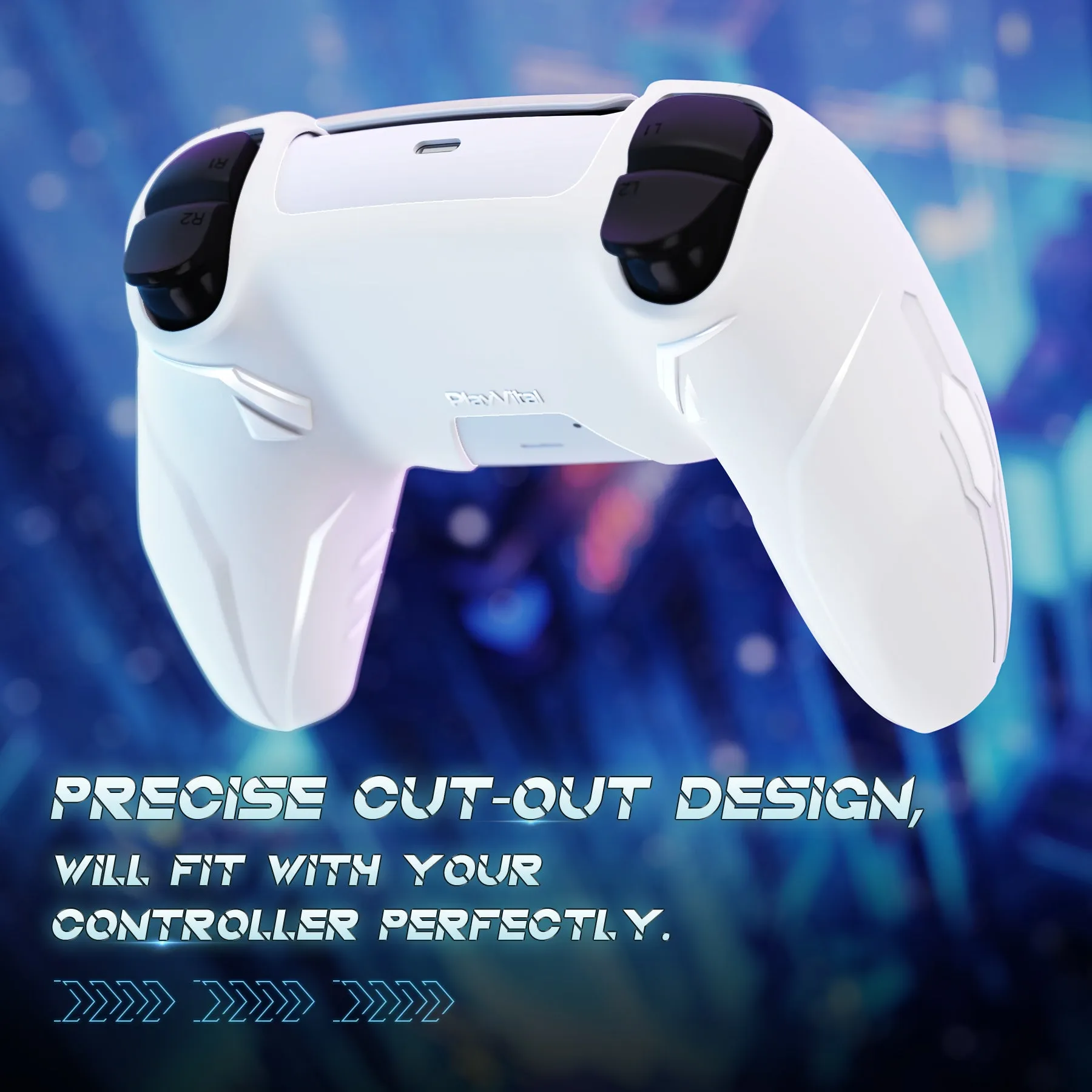 PlayVital Futuristic CyberMech Design Silicone Grip Skin with Thumb Grips for PS5 Wireless Controller, Compatible with PS5 Official Charging Dock - White - CHXPFP002