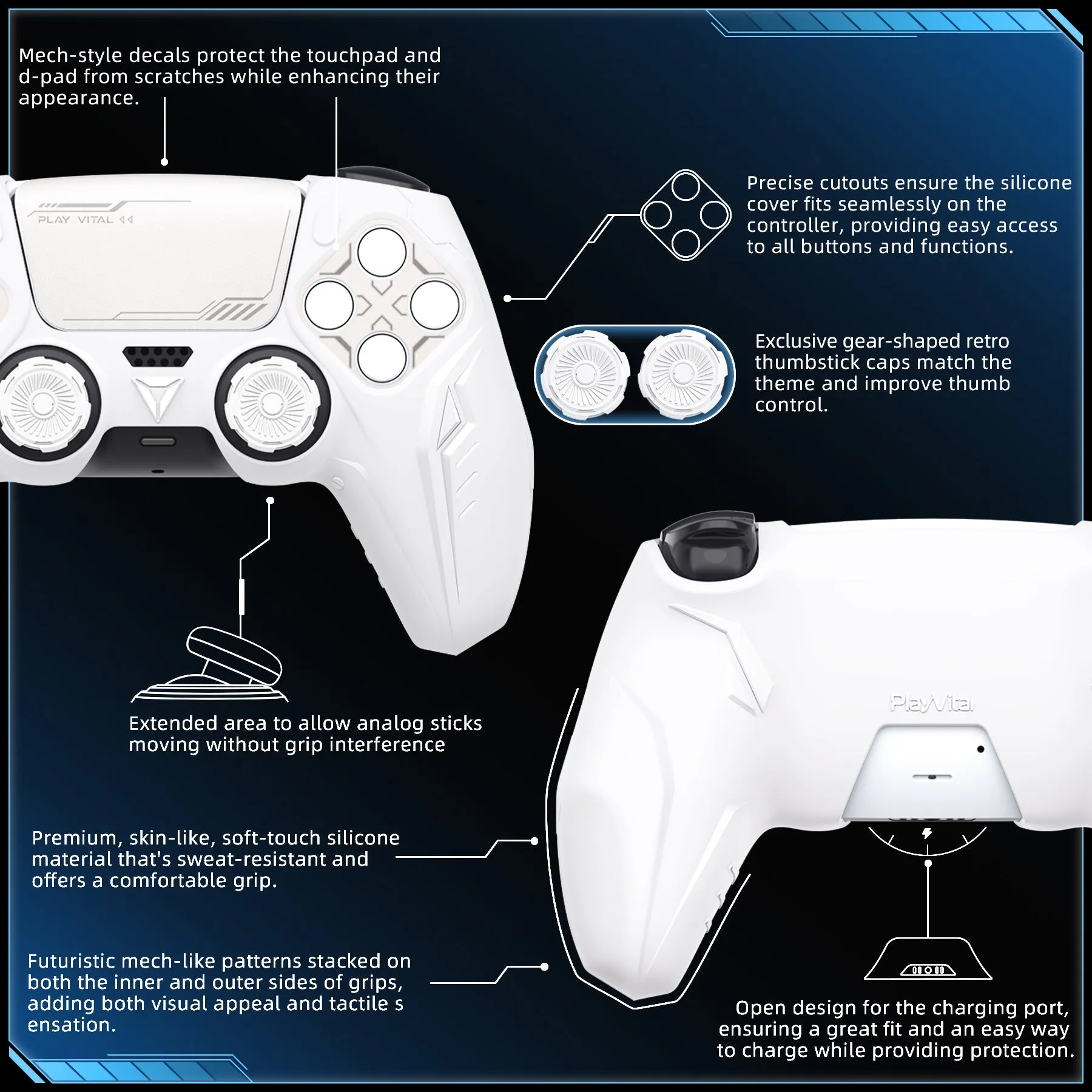 PlayVital Futuristic CyberMech Design Silicone Grip Skin with Thumb Grips for PS5 Wireless Controller, Compatible with PS5 Official Charging Dock - White - CHXPFP002