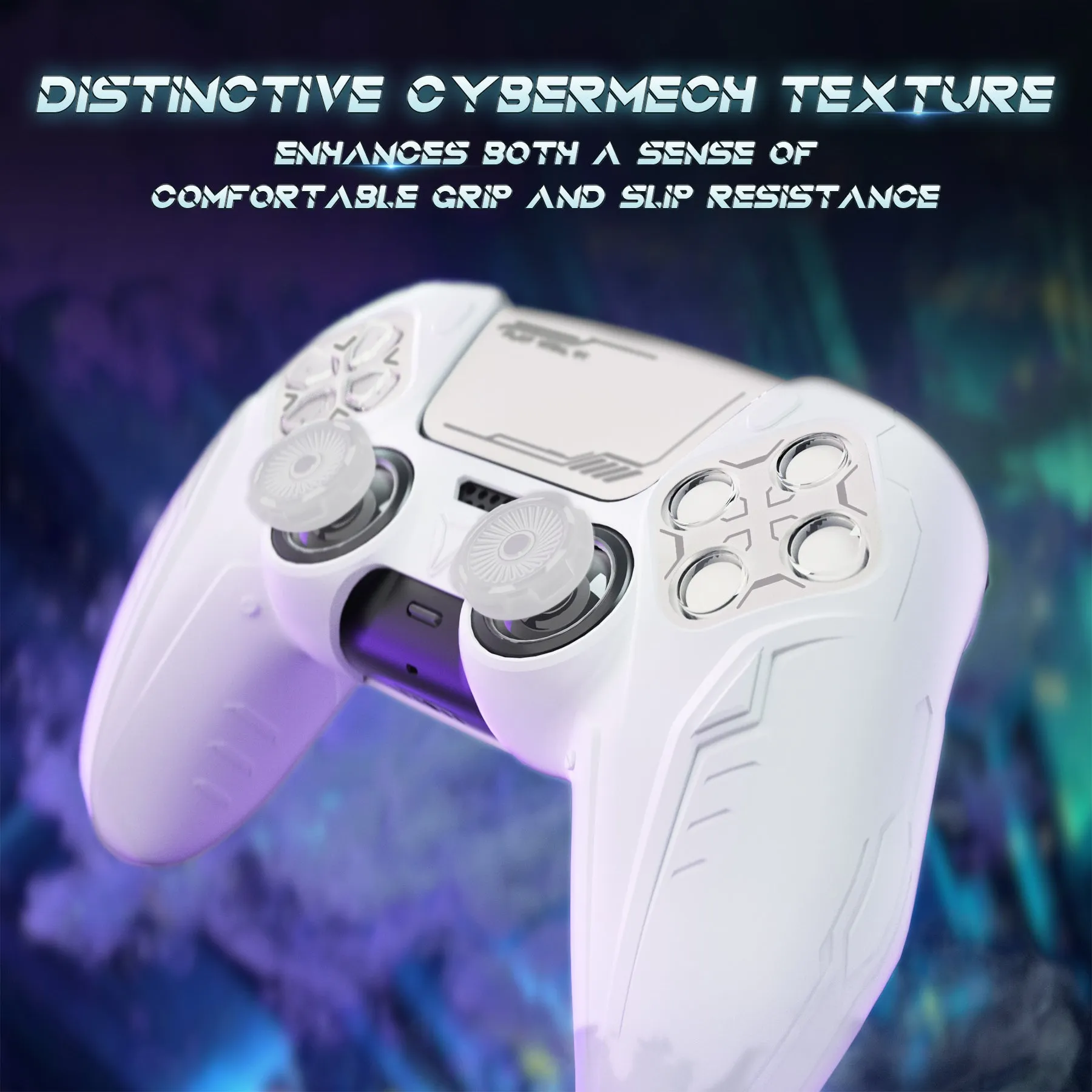 PlayVital Futuristic CyberMech Design Silicone Grip Skin with Thumb Grips for PS5 Wireless Controller, Compatible with PS5 Official Charging Dock - White - CHXPFP002