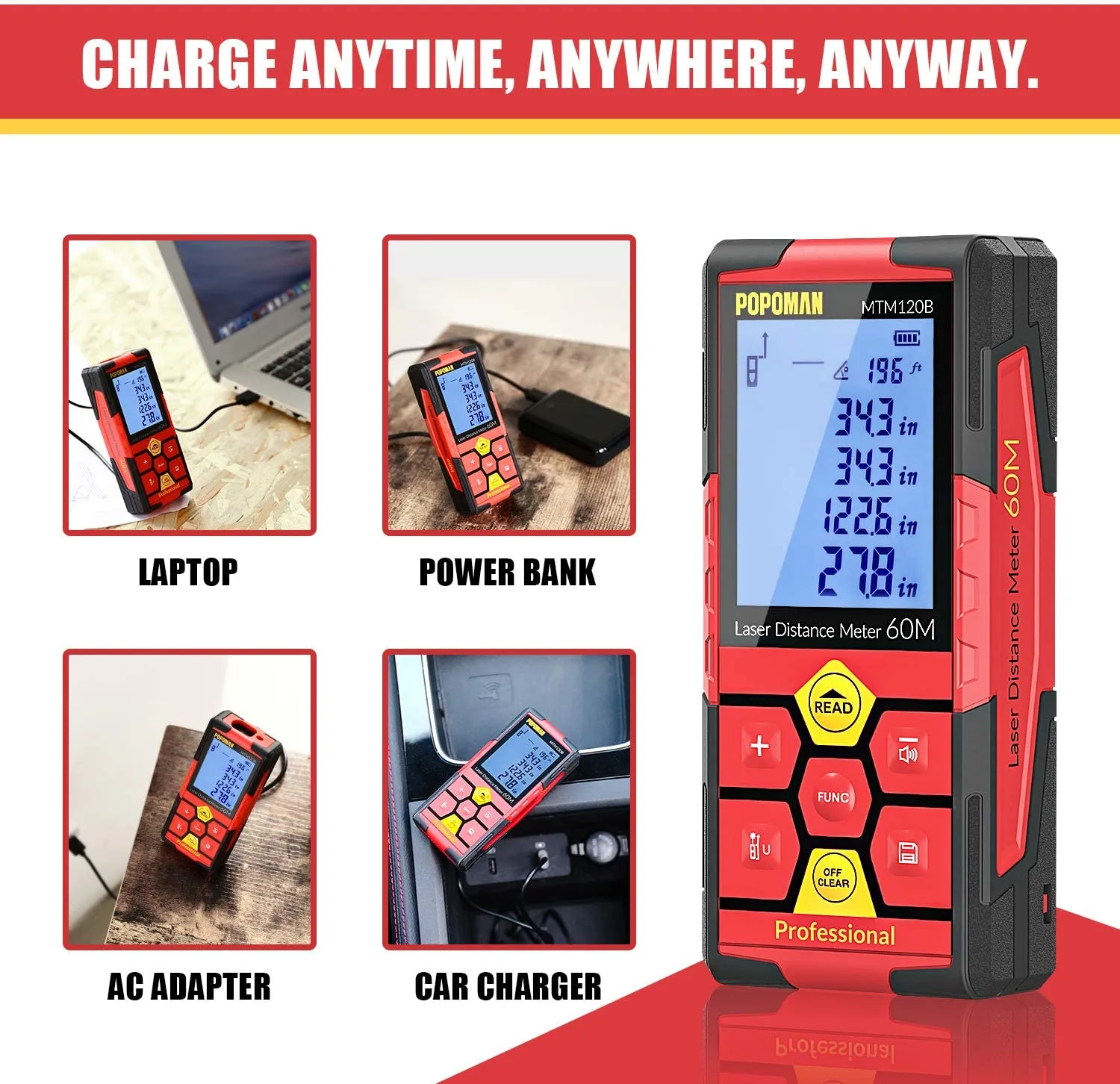 POPOMAN Laser Measure Rechargeable, 196Ft M/In/Ft Classic Mute Laser Distance Meter with Electronic Angle Sensor,Backlit LCD and Pythagorean Mode,Measure Distance,Area and Volume,Carry Pouch - MTM120B