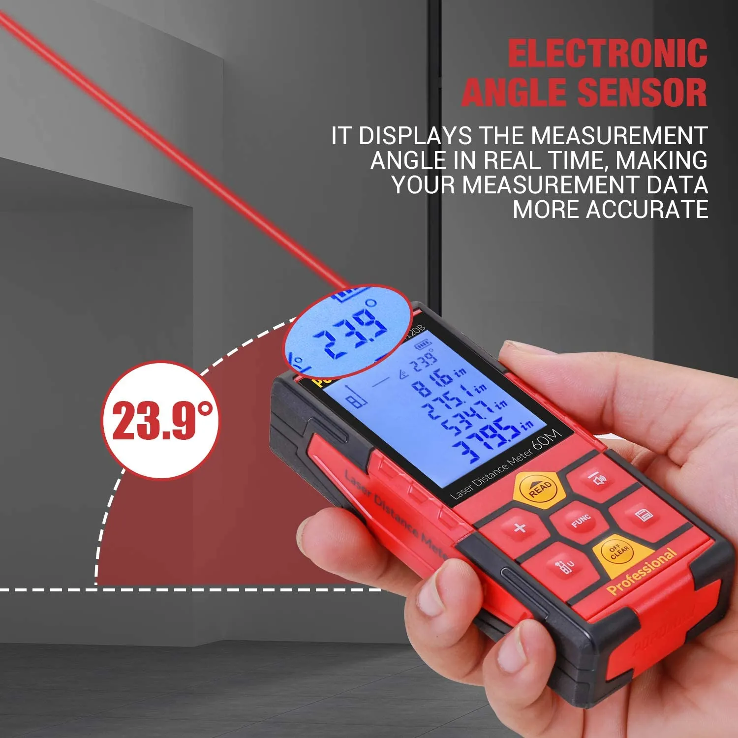 POPOMAN Laser Measure Rechargeable, 196Ft M/In/Ft Classic Mute Laser Distance Meter with Electronic Angle Sensor,Backlit LCD and Pythagorean Mode,Measure Distance,Area and Volume,Carry Pouch - MTM120B