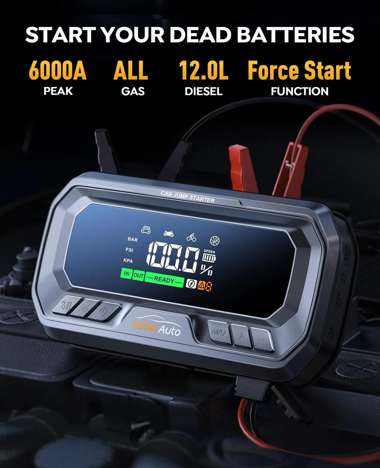 Portable Car Jump Starter & Air Compressor 160PSI, 6000A, 65W Charging – for Gas/Diesel Engines, 600lm LED Lights