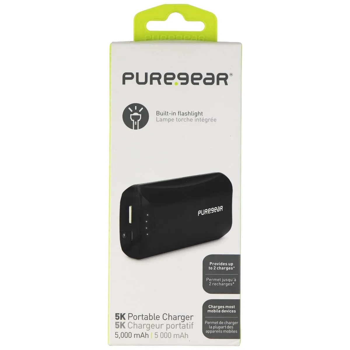 PureGear 5000mAh Portable USB Battery Charger w/ Built-in Flash Light - Black