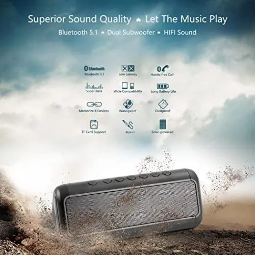 Solar Bluetooth Speaker Portable，5000mAh Wireless Speaker，IPX6 Waterproof Outdoor Speaker，Bluetooth 5.1，TWS Pairing，50H Play Time Heavy Bass for Beach，Party，Hiking，Cycling，Indoor & Outdoor Activities.