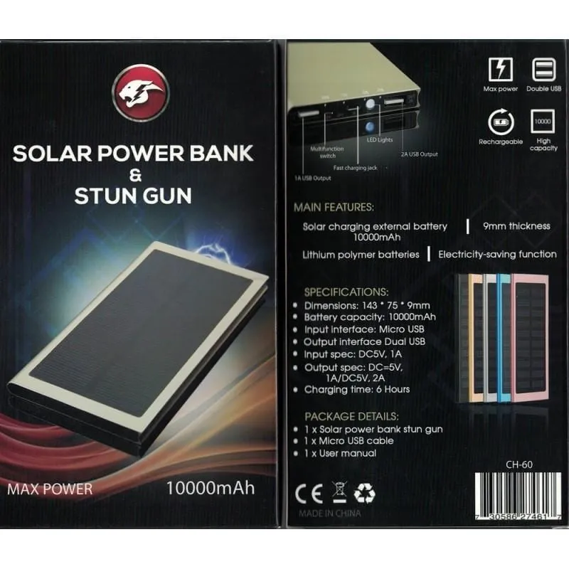 SOLAR Rechargeable Stun Gun, Flashlight & Power Bank