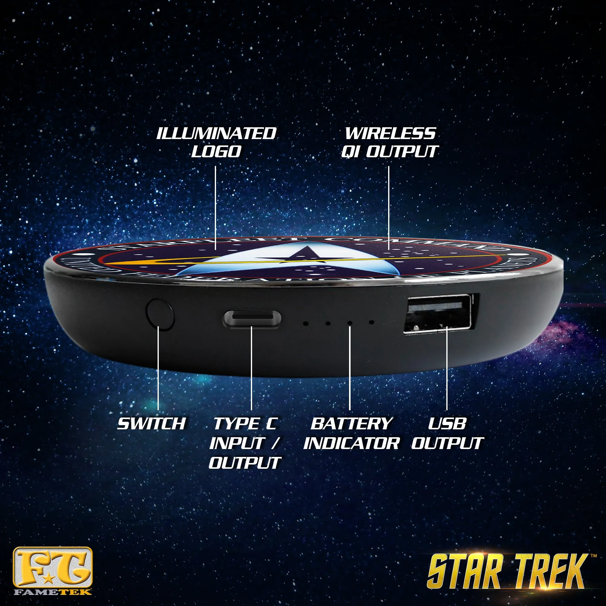 Star Trek Qi Wireless Charger With Illuminated STARFLEET Emblem & Built-In Power bank