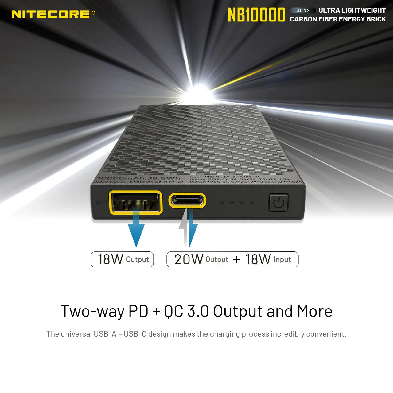 (USED/OPEN-BOX) Nitecore NB10000 Silver, 10000mAh USB/USB-C Quick-Charge Power Bank