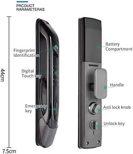 VILA Smart Lock Q7-3 BLK ,With WiFi, Display screen,Keypad Digital,Biometric Fingerprint,IC Card,Mechanical key, Unlock for Apartment Hotel Home Use. COLOR: (BLACK)