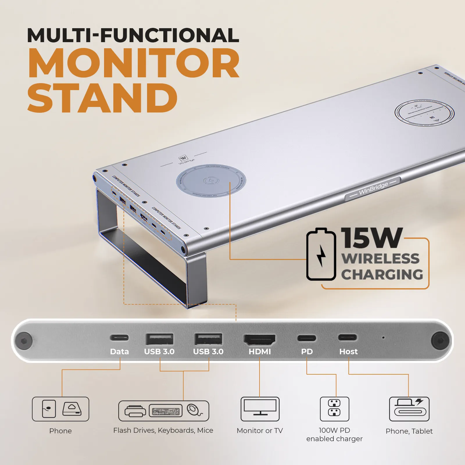 WinBridge Aluminum Monitor Stand with Wireless Charging, 6-in-1 USB-C Docking Station, Drawer, Desk Organizer for PC Monitor/Laptop Up to 27 inches