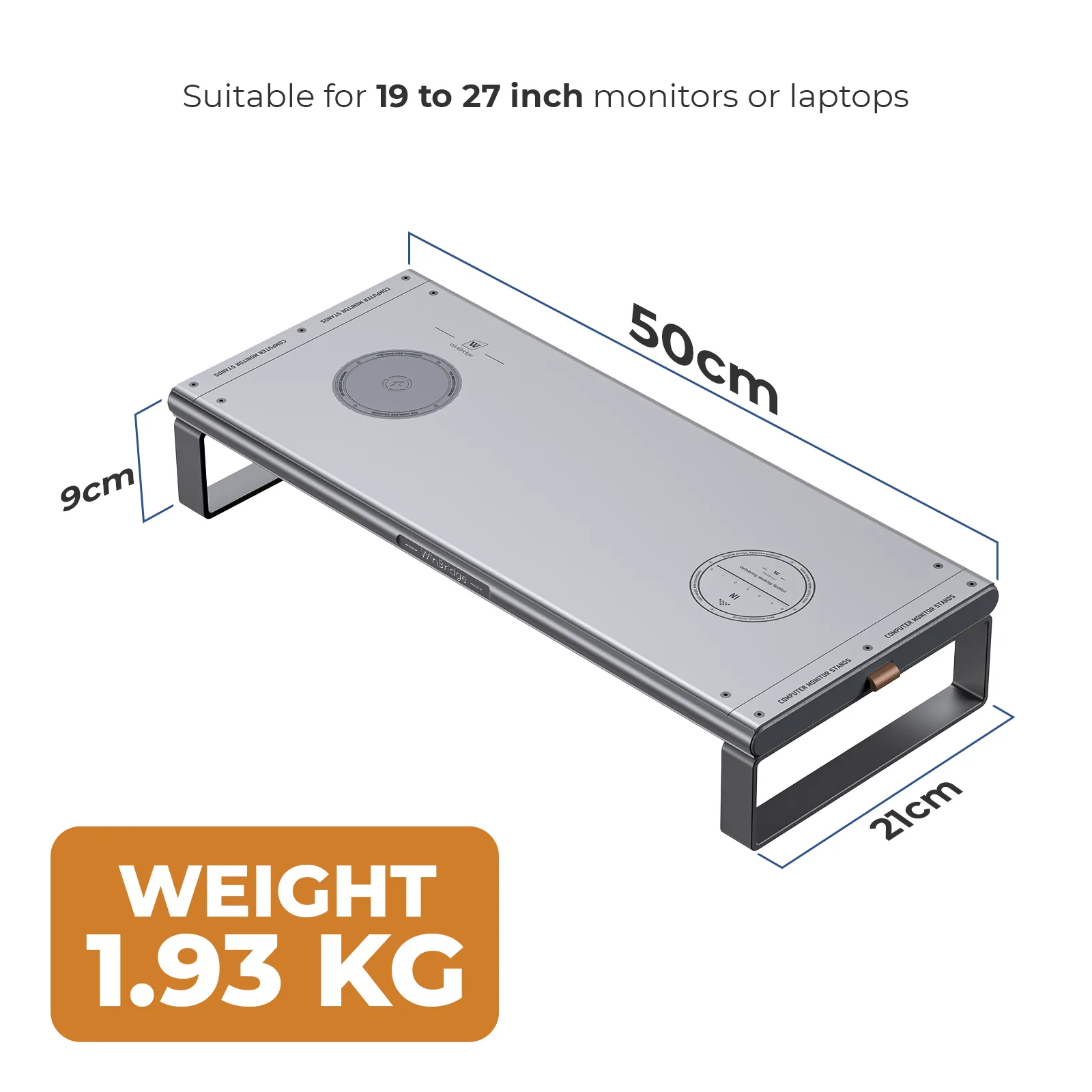 WinBridge Aluminum Monitor Stand with Wireless Charging, 6-in-1 USB-C Docking Station, Drawer, Desk Organizer for PC Monitor/Laptop Up to 27 inches